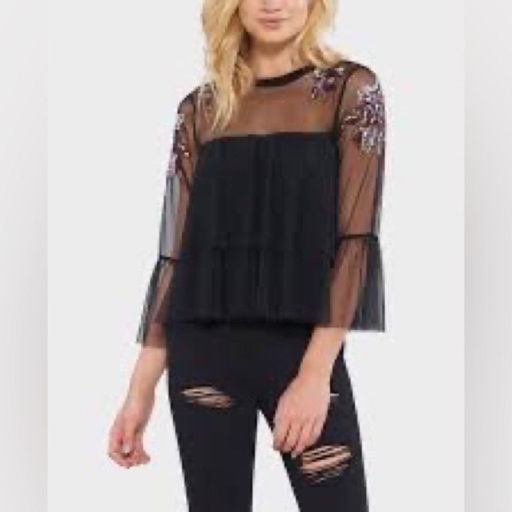 Willow and Clay floral embroidery mesh top